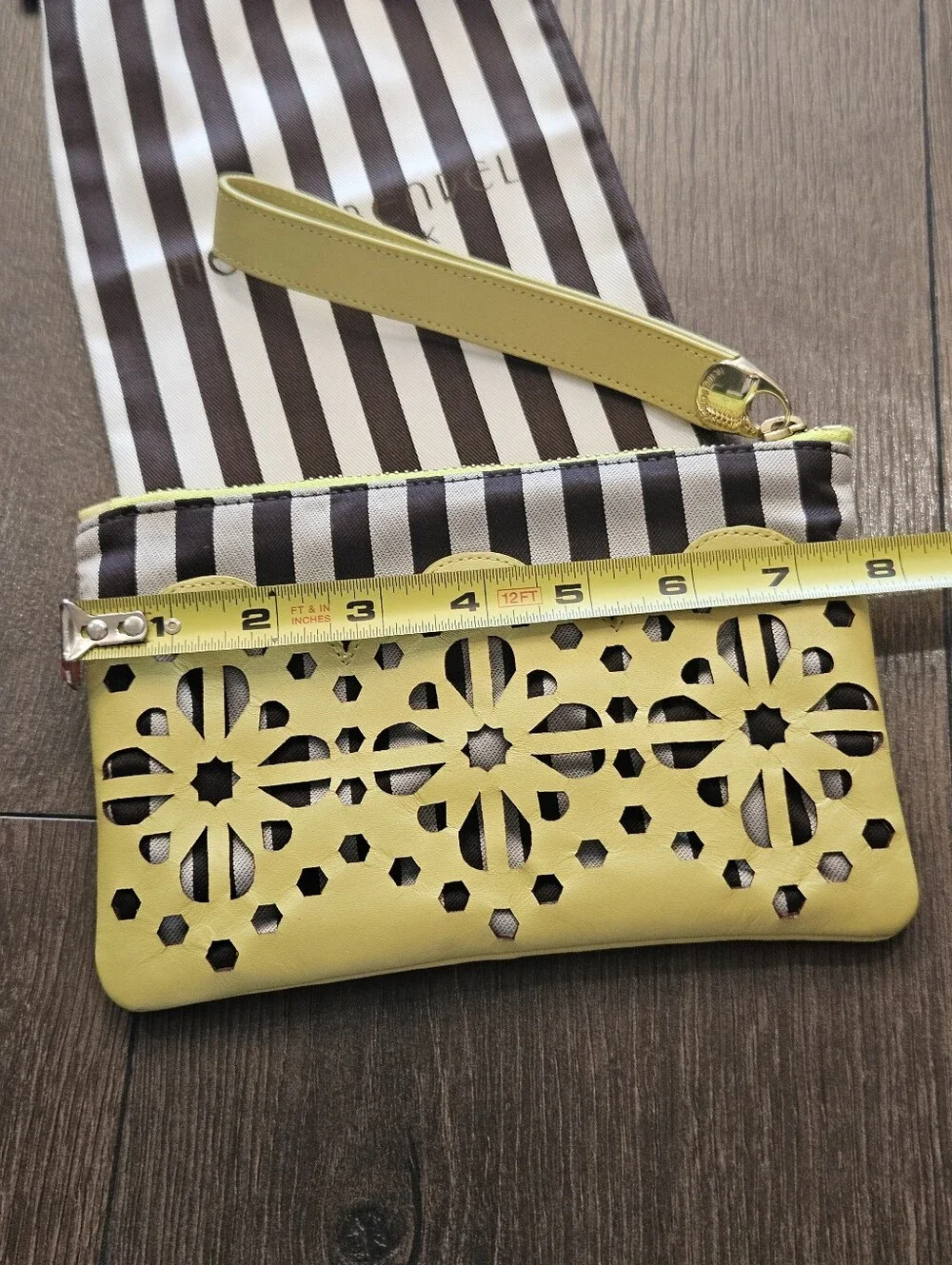 Henri Bendel Vibrant Yellow Laser Cut Floral Wristlet Clutch + Dust Bag